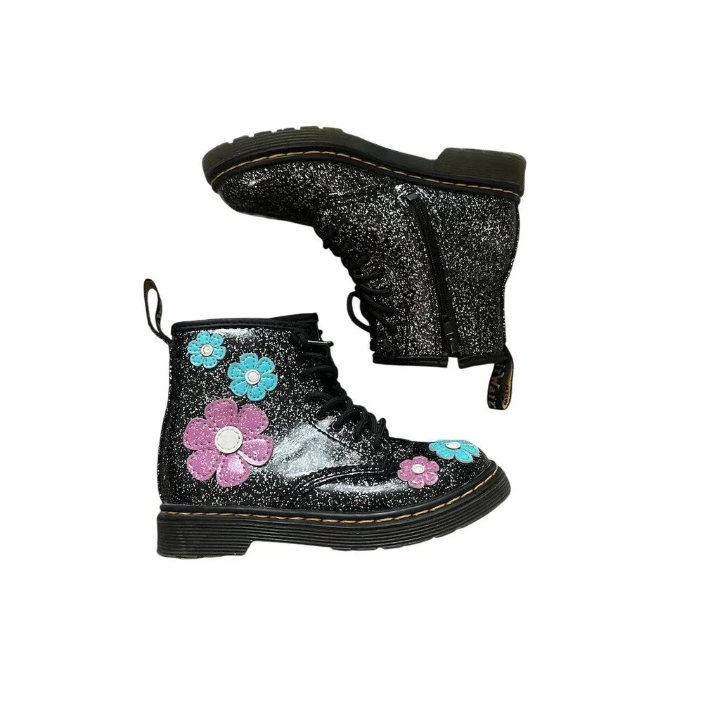Dr. Martens 1460 Girls Boots Size 10 Black Glitter Floral Lace-Up Side Zip